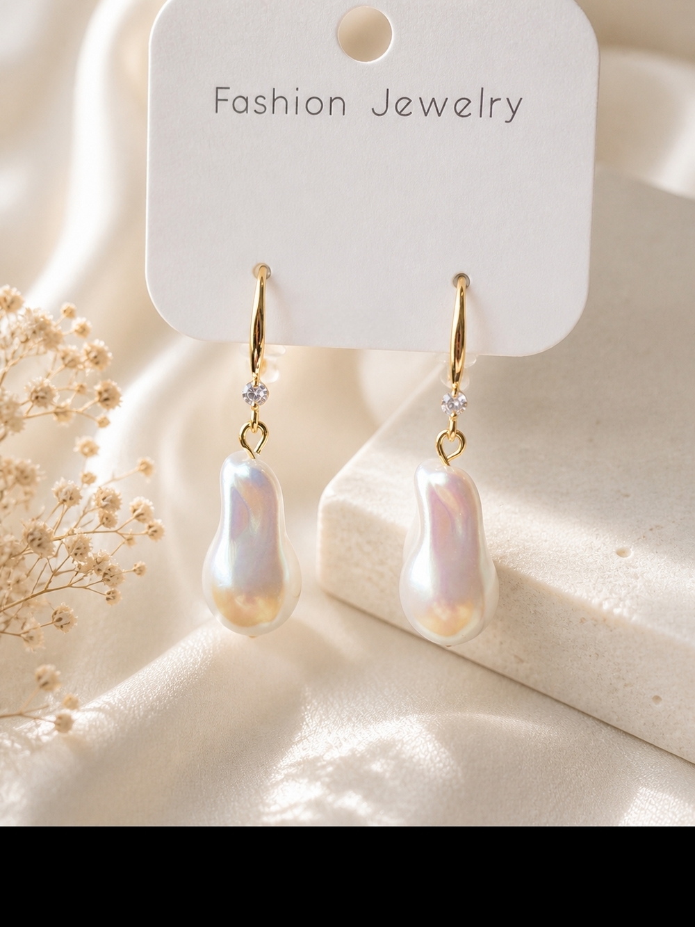 Gold Hoop Earrings with Iridescent Baroque Pearl Drops - Fashion Jewelry